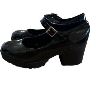 Soda Mary Jane Block Platform Heels Size 7.5 Black Clueless Strap Chunky Shiny